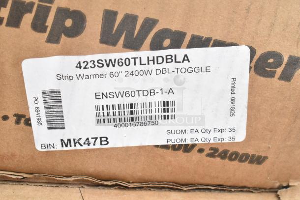 Strip Warmer box with label: Model 423SW60TLHDBLA, 60", 2400W, double toggle. Barcode and bin MK47B noted.
