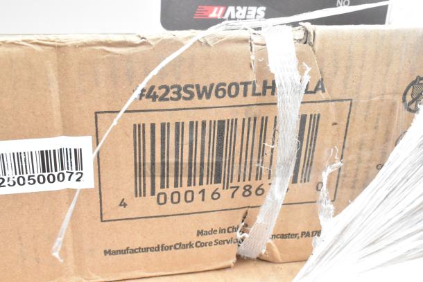 Cardboard box with barcode #423SW60TLHWLA on damaged label; made for Clark Core Services, Lancaster, PA.