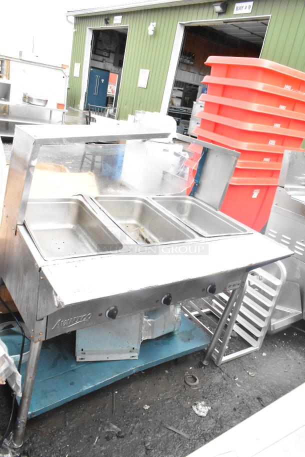 Avantco Commercial 3 Bay Steam Table, stainless steel, three compartments, used condition, some wear visible.