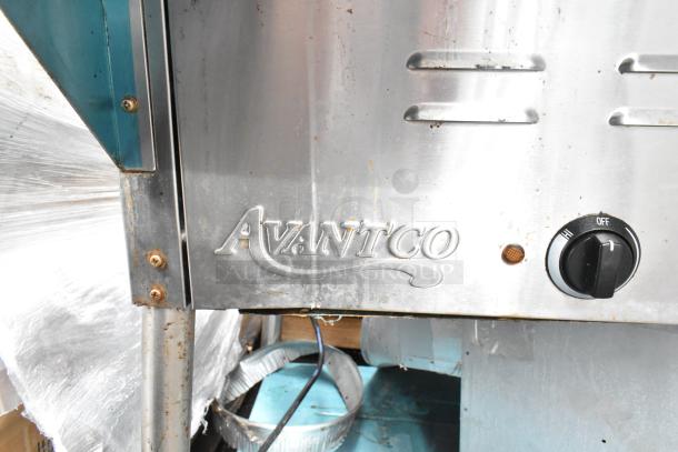 Avantco Commercial 3 Bay Steam Table, stainless steel, used condition, visible rust and scratches, temperature control knob.