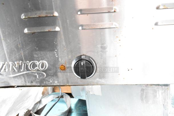 Avantco Commercial 3 Bay Steam Table, stainless steel, visible wear, features temperature control knob with on/off settings.