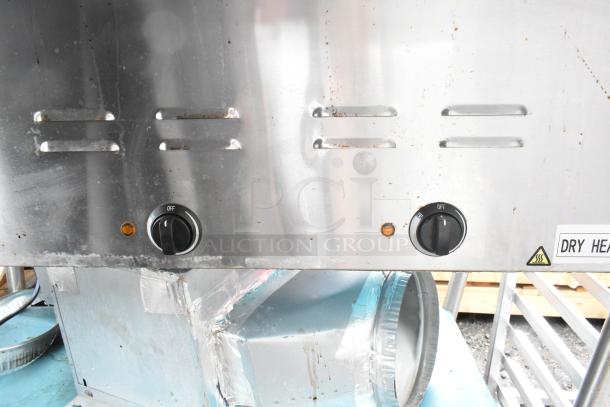 Avantco Commercial 3 Bay Steam Table, stainless steel, dual temperature controls, visible wear and minor rust, "Dry Heat" label.