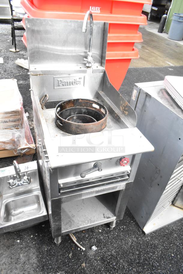 Panda gas powered single burner wok range, stainless steel, integrated faucet, used condition, brand logo visible.