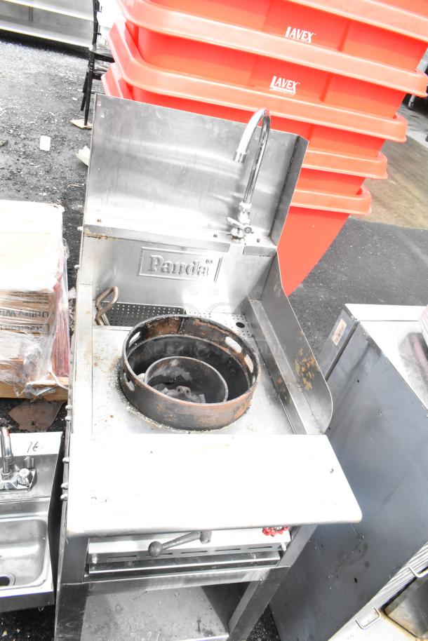 Panda gas-powered single burner wok range, stainless steel, with visible gas connection and Panda logo, used condition.