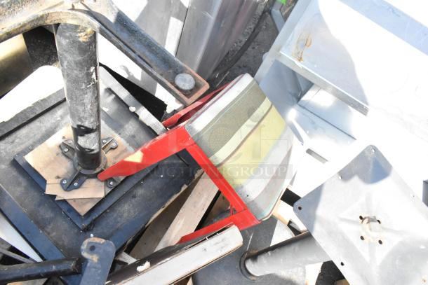 Vintage table bases with metal supports and colorful striped chair. Mixed materials. Sold as a lot of five. Used condition.