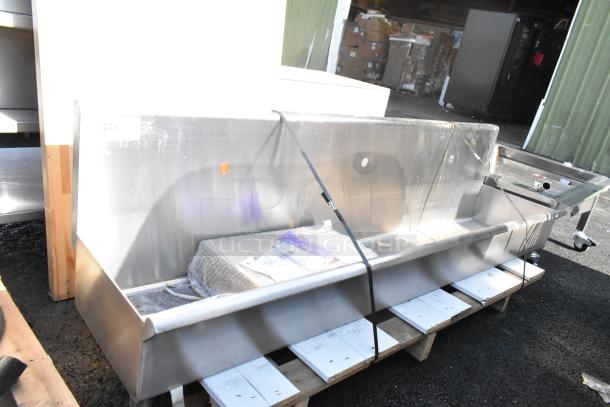 "Regency 72x17.5 hand sink with minor scratches, designed for 3 single-inlet faucets, wall-mounted. New condition."