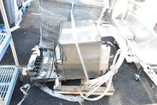 Commercial 8-flavor carbonated beverage machine on drop-in ice bin, includes dispensing hoses and control panel, wrapped for transport.