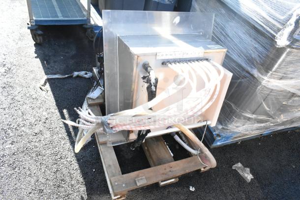 Commercial 8 flavor carbonated beverage machine with drop-in ice bin on wooden pallet, visible hoses, moderate wear.