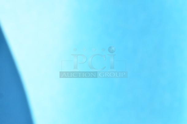 Blue poly trash can, set of four, new condition, durable material, ideal for waste management.