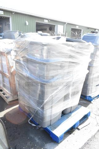 11 Toter Gray Poly Trash Can Shells wrapped in plastic on a pallet. Auction lot includes 11 items per bid.