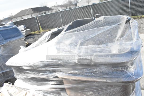 11 gray Toter poly trash can shells wrapped in plastic, auction lot. Durable, in good condition, 11 times bid value.