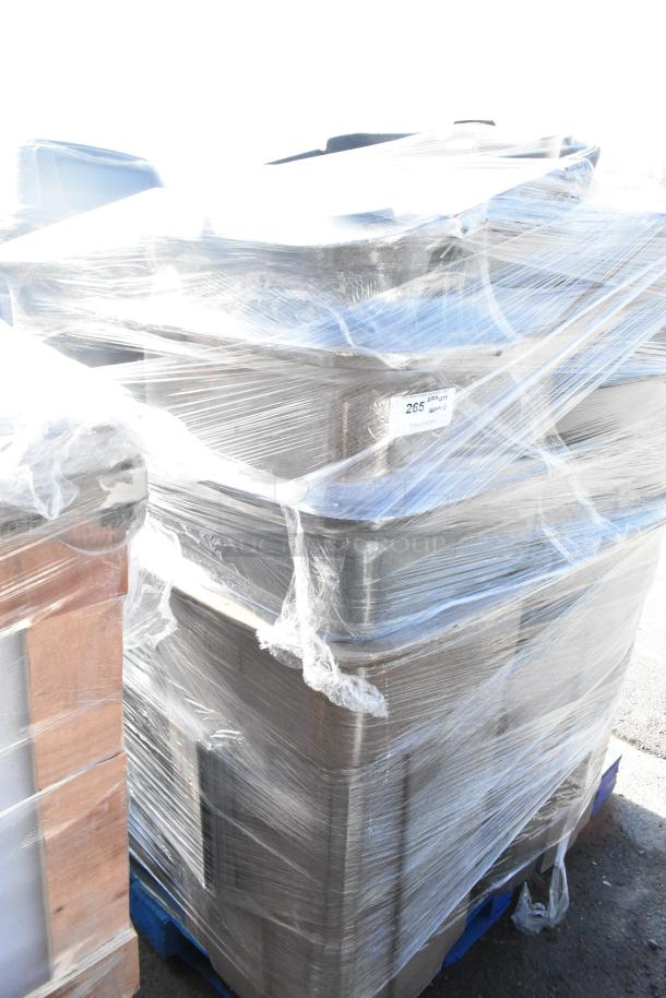 11 Toter gray poly trash can shells, wrapped for transport. Durable construction, ideal for commercial use.