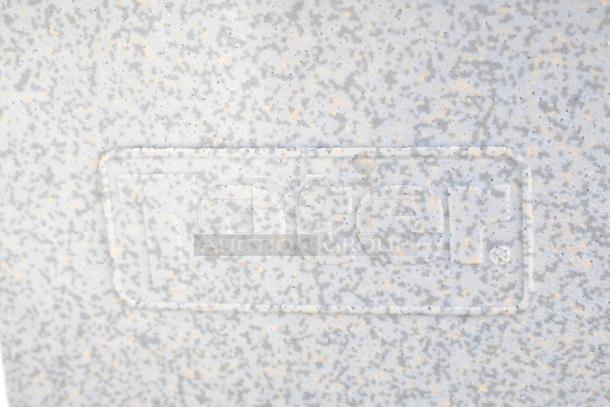 11 Toter gray poly trash can shell, embossed logo detail, durable material, auction lot includes 11 pieces.