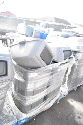 3 Toter gray poly trash can shells, wrapped on a pallet, in excellent condition. Ideal for bulk storage or disposal.