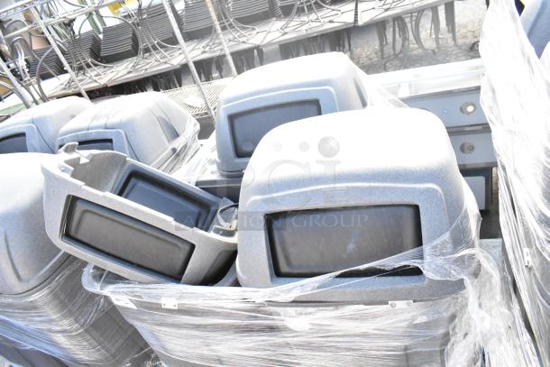 3 Toter gray poly trash can shells, stackable design, durable material, visible Toter branding, wrapped for shipping.