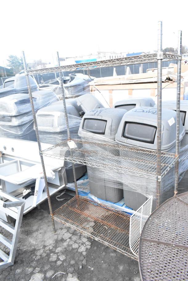 Chrome finish 3-tier wire shelving unit. Buyer must dismantle. Items on shelves not included. Suitable for storage.