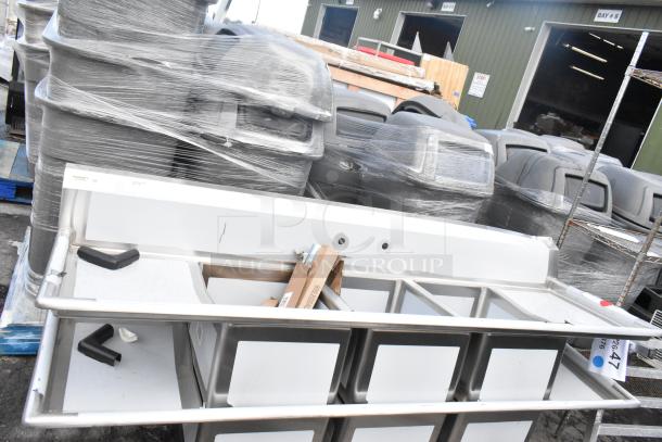 BRAND NEW Regency 88" stainless steel three-compartment sink, 16-gauge, with galvanized legs and two 16"x20"x12" drainboards.