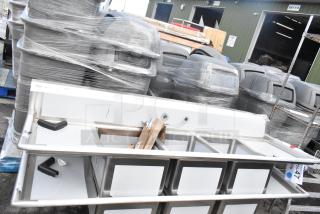 BRAND NEW Regency 88" stainless steel three-compartment sink, 16-gauge, with galvanized legs and two 16"x20"x12" drainboards.