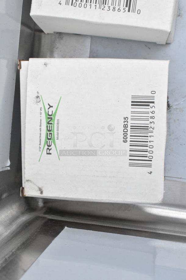Box with Regency branding and barcode for a three-compartment stainless steel sink, model 600DB35.