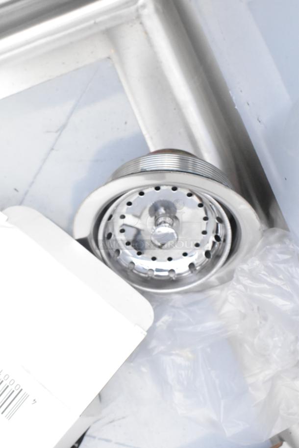 Regency 600S31620218 commercial sink detail, showing stainless steel build, drain, and galvanized leg. Scratch and dent model.