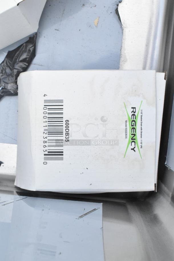 Regency 600S31620218 stainless steel sink packaging showing product label and model 600DB35 barcode.