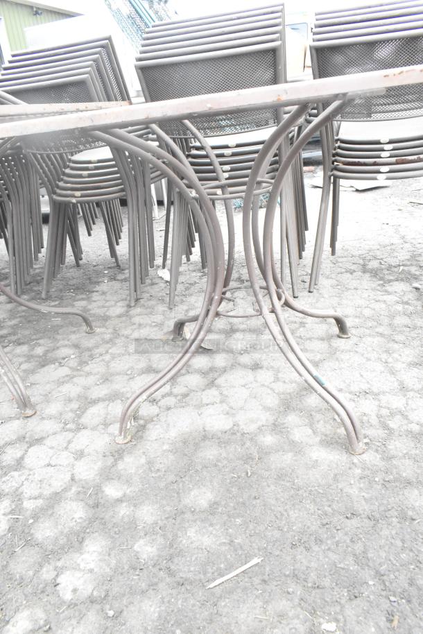 16 metal mesh patio tables, durable design, weather-resistant, good condition. Includes multiple bid opportunities.