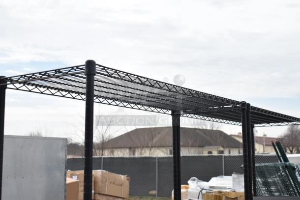 Black finish 3-tier wire shelving unit, sturdy metal construction, outdoor condition, buyer must dismantle.