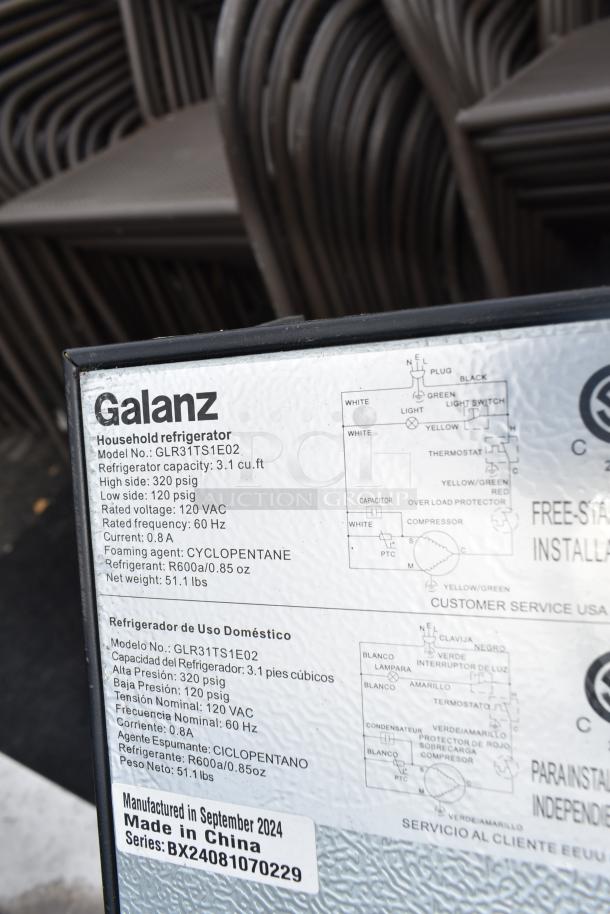 Galanz GLR31TS1E02 Mini Cooler label showing 3.1 cu. ft capacity, 115V, R600 refrigerant, manufactured September 2024, China.