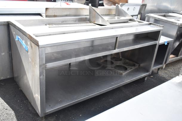 Commercial soda station with under shelf, stainless steel, used condition, multiple compartments and drip tray, ideal for high-volume service.