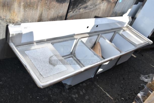 Brand new Steelton 522CS31818LR 90" 18-gauge stainless steel commercial sink with three 18" x 18" x 12" bowls, two drainboards.