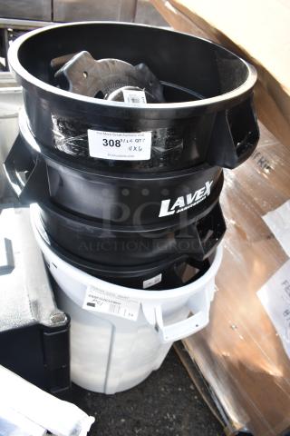 Brand new Lavex janitorial trash cans, scratch and dent condition, with visible stickers and labels indicating model and quantity.