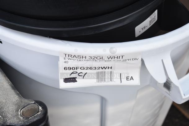 Alt text: White 32-gallon trash can without lid, branded as Brute, model 690FG2632WH. New with minor scratches or dents.