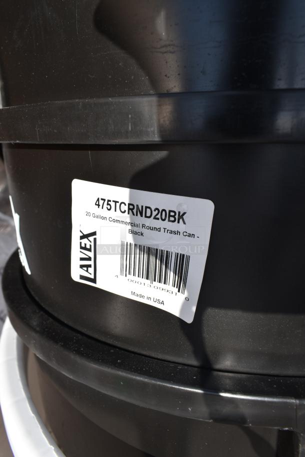 Black 20-gallon commercial trash can by Lavex. Model 475TCRND20BK, made in USA. Scratch and dent condition.
