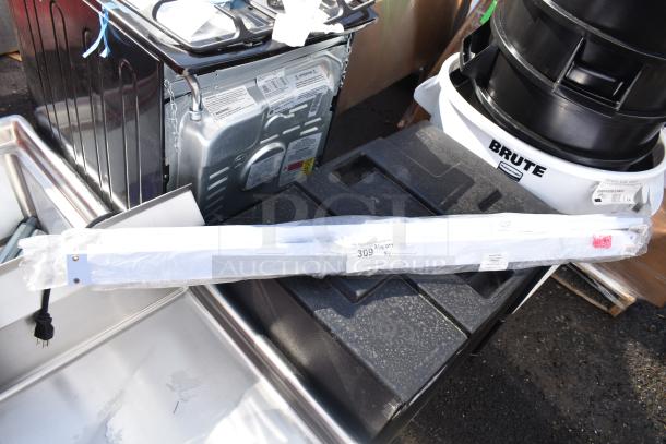 2 Avantco Refrigeration night curtains, model 19386181, wrapped in plastic. Tags indicate "New Scratch and Dent."