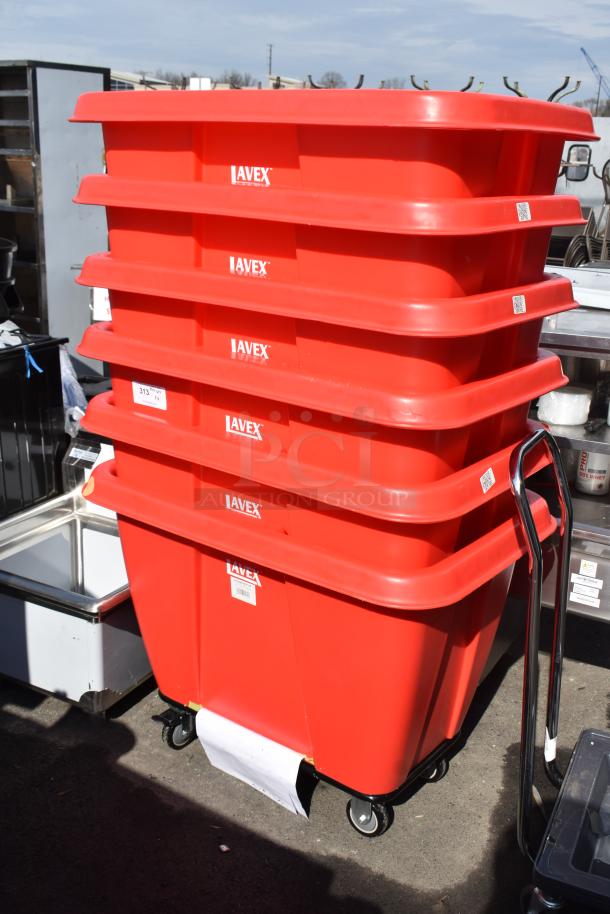 6 Lavex 47508RSRDTUB 8 cu. ft. cube trucks in red, 500 lb capacity. Brand new, scratch and dent condition, stackable.