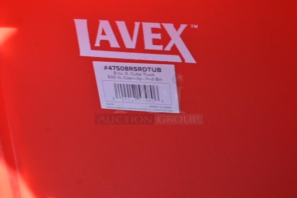 Red Lavex 47508RSRDTUB Cube Truck, 8 cu. ft., 500 lb capacity, new scratch and dent condition. Product label visible.