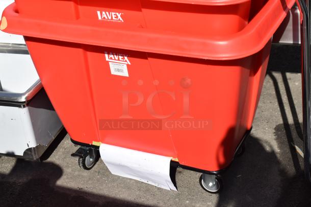 Red Lavex 47508RSRDTUB 8 cu. ft. cube truck, 500 lb capacity, scratch and dent condition, on caster wheels.