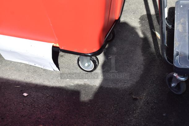 Red Lavex 47508RSRDTUB cube truck, 8 cu. ft., 500 lb capacity, new condition with slight scratch and dent. Includes caster wheels.