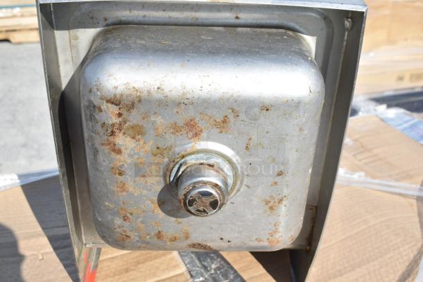Commercial single bay wall mount sink, stainless steel, signs of rust, spout attachment visible, used condition.