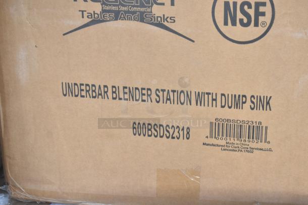 Cardboard box showing text: "Underbar Blender Station with Dump Sink, 600BSDS2318." Includes NSF logo and manufacturer details.