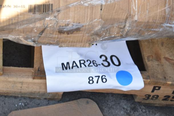 10 brand new scratch and dent items on pallet, including dish and work tables. Tag reads "MAR26-30, 876."