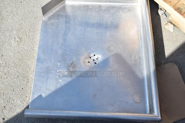Commercial right side clean side dish table, stainless steel, no legs, added drain holes visible, used condition.