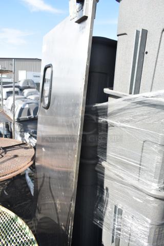 Eliason stainless steel swinging kitchen door with hardware, durable condition, features include a window panel.