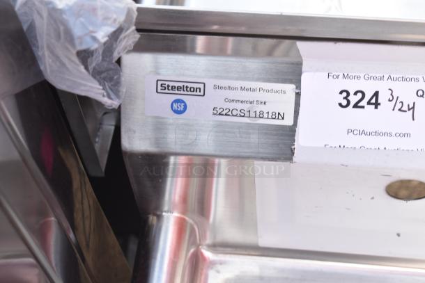 BRAND NEW Steelton 522CS11818N 18-gauge stainless steel commercial sink, 18"x18"x12" bowl, NSF label; missing 2 legs.
