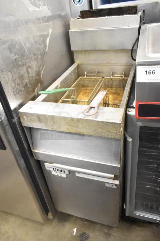 Dean commercial floor-style deep fat fryer in used condition, features metal baskets and visible Dean logo label.