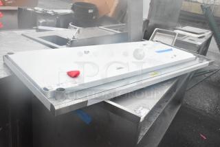 Brand new tabletop and under shelf, stainless steel, scratch and dent condition, protective wrap, labels indicating manufacturer details.