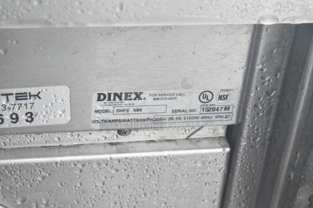 Dinex DHF6 commercial steam table label, shows model DHF6, 208V, 25.1A, 5150W, with UL and NSF certification marks.