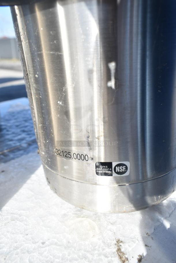 Three stainless steel countertop air pots with NSF certification, model QINS SVAP-2505F-N, made in China, minor surface wear.