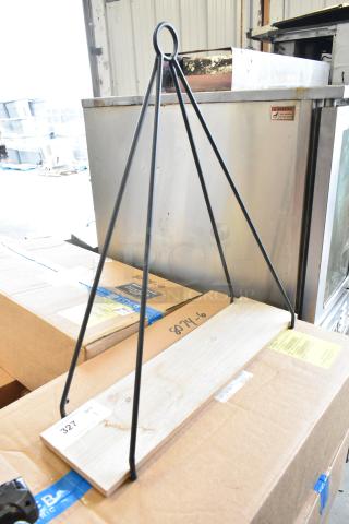 Metal wire stand with wooden base, in good condition; label number 327 visible; suitable for indoor display.