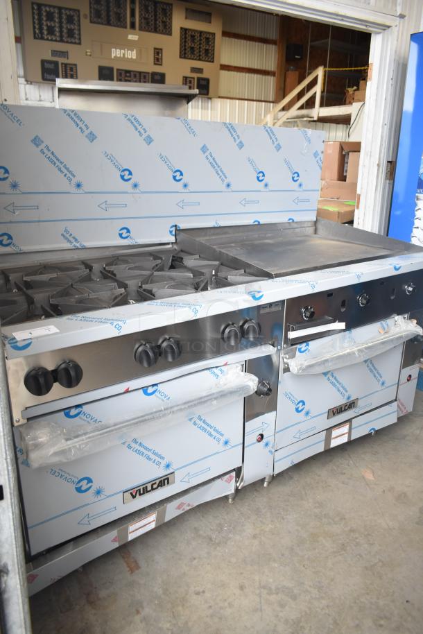 Brand new Vulcan 72SS-6B36GTN commercial range, 72" with 6 burners, 36" griddle, 2 ovens, 310,000 BTU, scratch and dent.